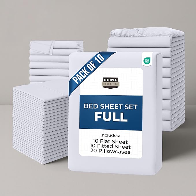 Utopia Bedding Full Size Sheet Set - Bulk Pack of 10 Bed Sheets Set - Soft Brushed Microfiber - Deep Pockets - Shrinkage & Fade Resistant - Easy Care (White)