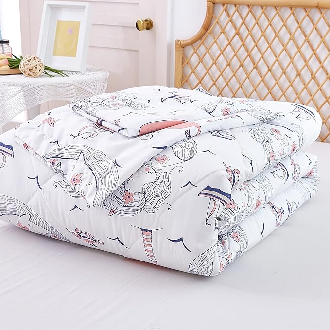 JSD Mermaid Full Comforter Set for Girls, 3 Piece Ocean Theme Microfiber Comforter with Pillow Shams, Lightweight All Season Washable