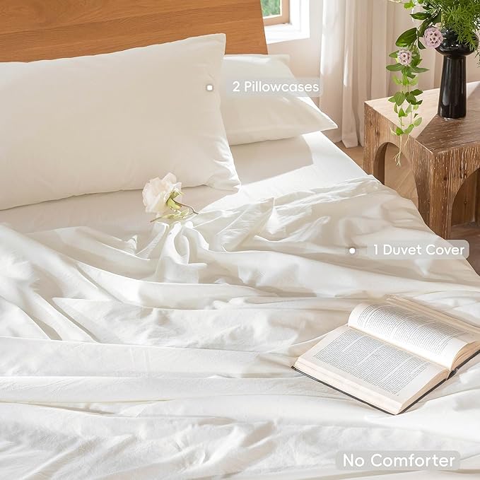 MooMee Bedding Duvet Cover Set 100% Washed Cotton Linen Like Textured Breathable Durable Soft Comfy (Solid Off White, Super Queen 90"x98")