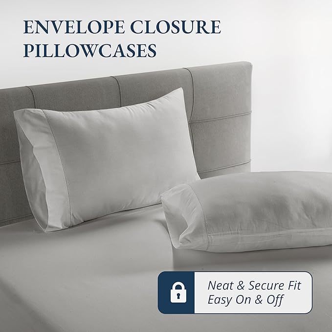 LANE LINEN 100% Organic Cotton Fitted Sheet Full Size, 3Pc Set (1 Fitted Sheet, 2 Pillowcases), Percale Weave, Full Bed Fitted Sheets, Breathable, Fits Mattress Upto 15' Deep - Silver(No Flat Sheet)