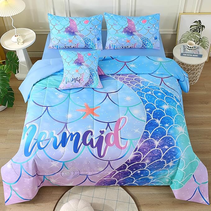 JQinHome Mermaid Comforter Set Queen Size, 6 Piece Mermaid Tail Bed in A Bag,3D Colorful Mermaid Bedding Set for Girls Kids, Sparkle Teal Bedroom Decor Bedding Set with Sheets (Blue)