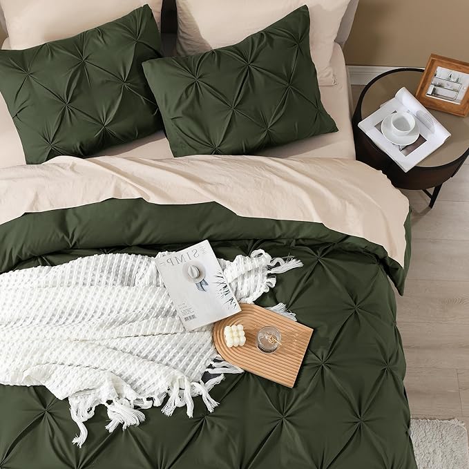 Litanika Olive Green Pinch Pleat Duvet Cover King, 3 Pieces Pintuck Soft Microfiber Bedding Set with Zipper Closure & Corner Ties(104x90Inch-1 Duvet Cover, 2 Pillowcases)