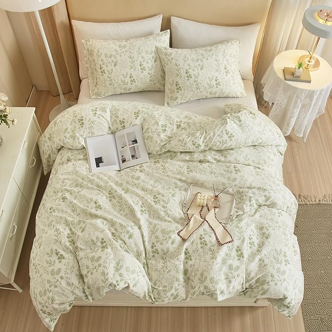 HighBuy 3 Pieces Duvet Cover Full Size White Duvet Cover with Green Floral Print,Coquette Soft Cotton Comforter Cover Boho Style,Aesthetic Full Bedding Set with Zipper Closure 4 Ties,All Season