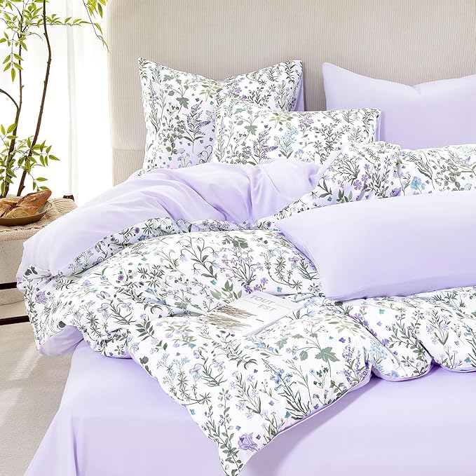 Wake In Cloud - Floral Duvet Cover Set, Shabby Chic Cottage Garden Botanical Flower Style with Elegant Wildflower Pattern, Soft Lightweight Bedding, 3 Pieces, Purple White, Queen Size