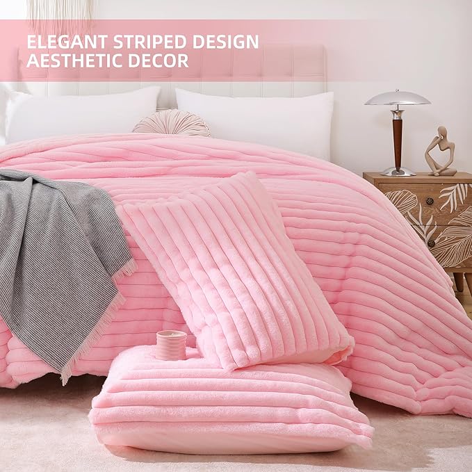 Smoofy Fluffy Full Size Comforter Sets 3 Pieces - Pink Fleece Fluffy Comforter Set, Luxury Fuzzy Full Bed Set, Soft Comforter Full Size All Season, Heavy Faux Fur Comforter with 2 Pillow Cases