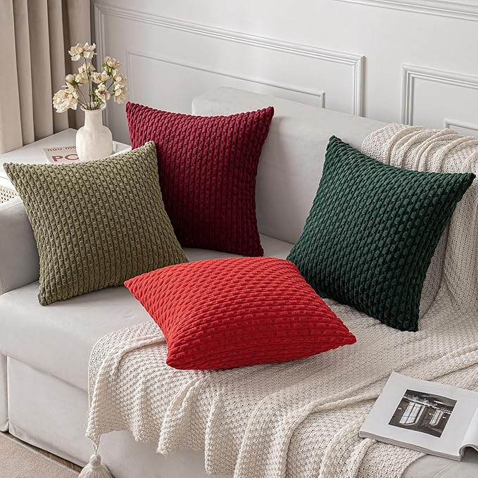 MIULEE Pack of 2 Decorative Throw Pillow Covers 20x20 Inch Soft Boho Striped Textured Corduroy Pillow Covers Modern Farmhouse Home Decor for Couch Bed Sofa Living Room Olive Green