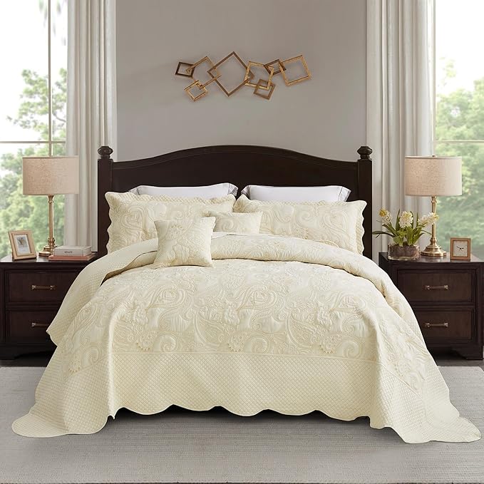 Oversized King Bedspread 138x122 Extra Wide, Paisley Pattern Design, Lightweight Bedding Cover, Reversible, 5 Piece, 100% Microfiber, California/Alaskan King, Ivory Yellow