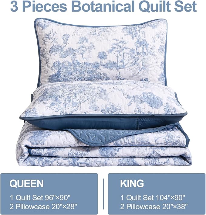 WONGS BEDDING Blue Quilt Set Twin Size, 2 Pieces Botanical Bedspreads Set Lightweight Microfiber Blue Toile Plants Pattern Coverlet Home Decor for All Seasons(86"×68")