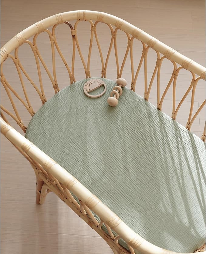 Konssy 2 Pack Muslin Bassinet Sheets for Boys, Girls, 100% Cotton Soft Breathable Fitted Bassinet Mattress Sheet, 32 x 16 inches (Sprout,Fog Green)