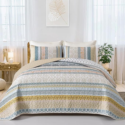 WONGS BEDDING Boho Quilt Set Full Size, Yellow Bohemian 3 Pieces Fall Quilt Sets, Blue Lightweight Bedspread Coverlet Bedding Set for All Season (78"x90")