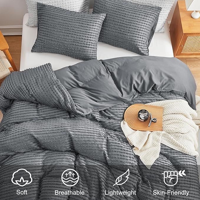 WARMDERN Boho Duvet Cover Set King Size,Dark Grey Striped Duvet Cover Microfiber Bedding Set,3PCS Ultra Soft Breathable Lightweight Tuft Texture Duvet Covers with Zipper Closure(Dark Grey,King)