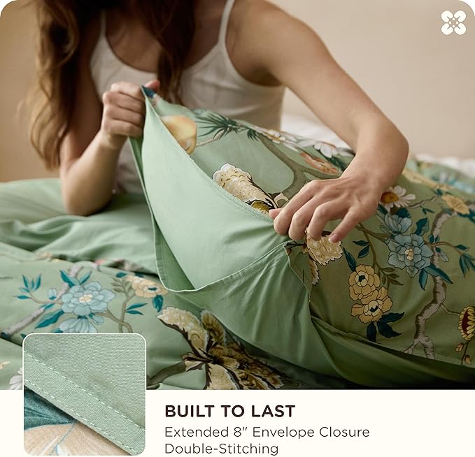 Bedsure 100% Cotton Reversible Floral Duvet Cover Queen Size - Flowers and Birds Pattern Printed Comforter Cover with Zipper Closure & 2 Pillow Shams, Comforter Sold Separately (Green Garden, 90"x90")