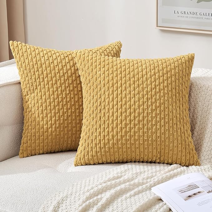 MIULEE Pack of 2 Decorative Throw Pillow Covers 18x18 Inch Soft Boho Striped Textured Corduroy Pillow Covers Modern Farmhouse Home Decor for Couch Bed Sofa Living Room Gold