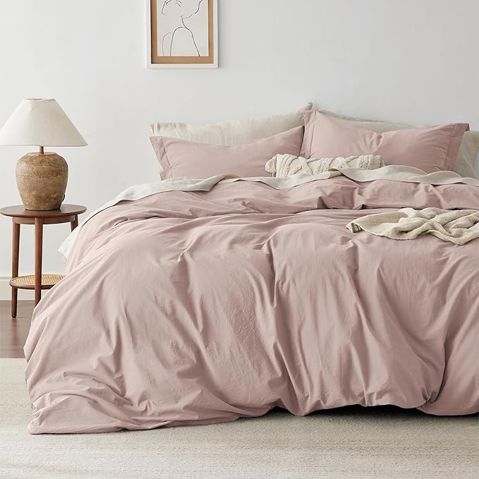 Bedsure 100% Washed Cotton Duvet Cover Twin Size - Petal Pink Minimalist Cotton Duvet Cover Linen Like for All Seasons - GentleSoft™ Plain Simple Bedding (Petal Pink, Twin, 68"x90")