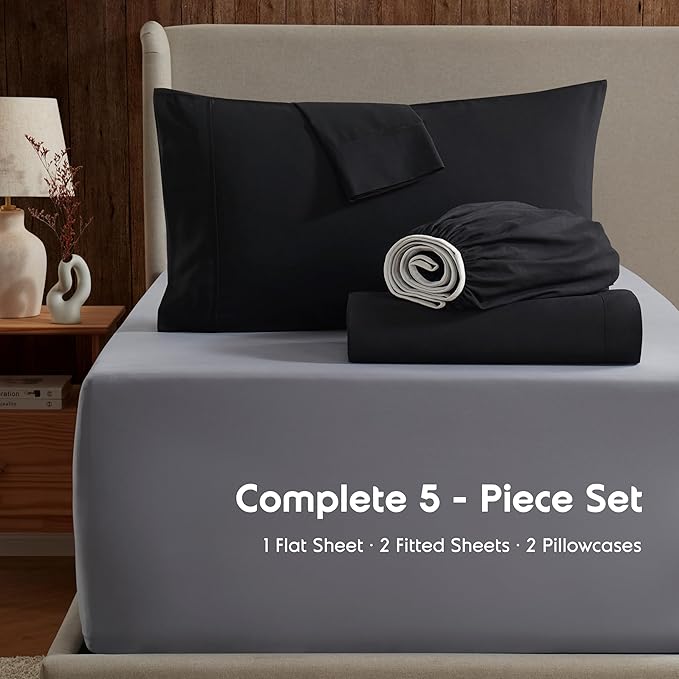 Nestl Split King Sheet Set - 1800 Ultra-Soft Microfiber Bed Sheets - Double Brushed - Deep Pockets - Easy Fit - 5 Piece Set - Bed Sheets & Pillowcases (Split King Size, Black)