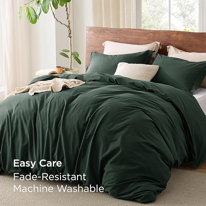 Bedsure 100% Washed Cotton Duvet Cover Queen Size - Forest Green Minimalist Cotton Duvet Cover Linen Like for All Seasons - GentleSoft™ Plain Simple Bedding (Forest Green, Queen, 90"x90")