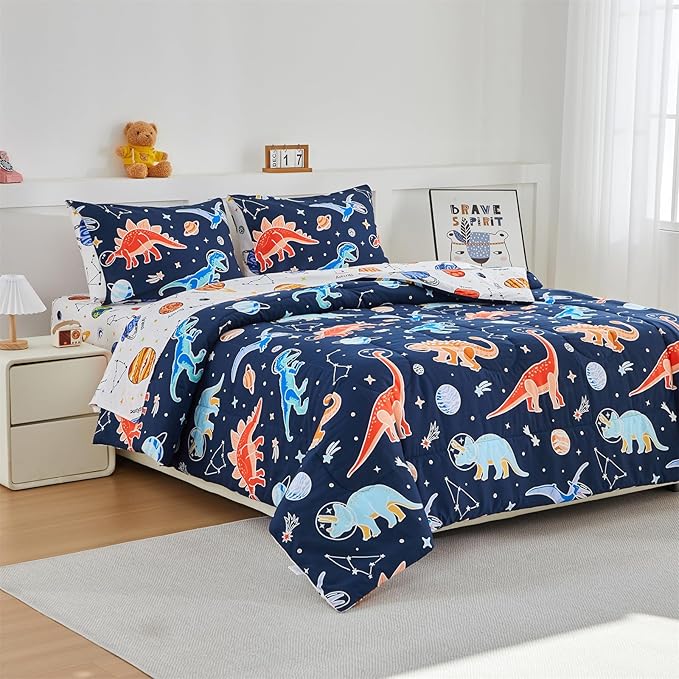 NTBED Dinosaur Kids Comforter Set Twin Size 5 Pieces Bed in A Bag for Boys Girls,Glow in The Dark Space Planet Bedding Set with Sheet