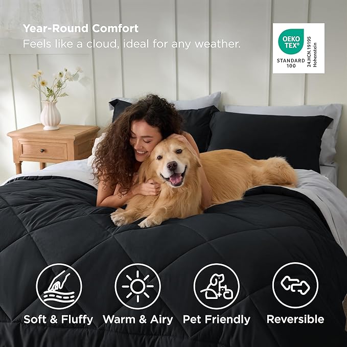 Bedsure Twin Comforter Set - 5 Pieces Reversible Black Bedding, Twin Size Bed Set for All Seasons, Bed in a Bag with Down Alternative Comforter, Sheets, Pillowcase & Sham