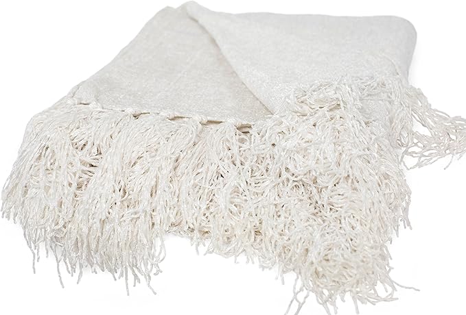 BIRDROCK HOME Internet’s Best Chenille Throw Blankets - Ivory - Ultra Soft Couch Blanket with Fringe - Light Weight Sofa Throw - 100% Microfiber Polyester - Easy Travel - Bed - 50 x 60