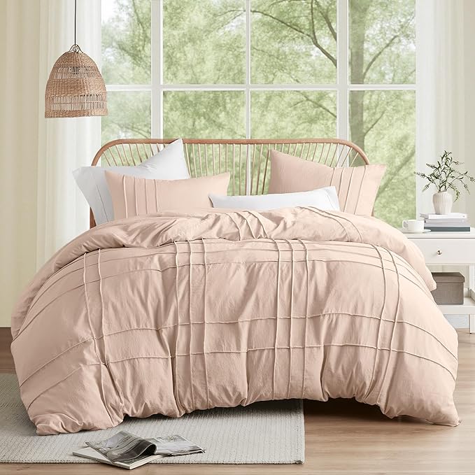 Comfort Spaces Blush Twin Size Duvet Cover Set - 2 Pieces Pintuck Pleated Duvet Cover All Season Lightweight, Extra Softness Pre-Washed Microfiber Twin Bedding Cover Shams, Twin/Twin XL