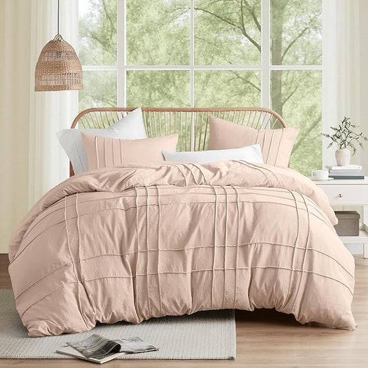 Comfort Spaces Blush King Size Duvet Cover Set - 3 Pieces Pintuck Pleated Duvet Cover, All Season Lightweight, Extra Softness Pre-Washed Microfiber King Bedding Cover Shams