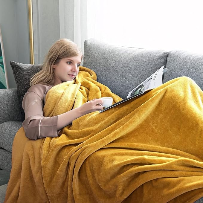MOONLIGHT20015 Fleece Blanket 16 Pack - Soft Fluffy Mustard Throw Blanket for Couch & Sofa - Lightweight Luxury 400 GSM Microfiber Fuzzy Bed Blankets and Throws (50 x 60 Inches, Throw/Travel)