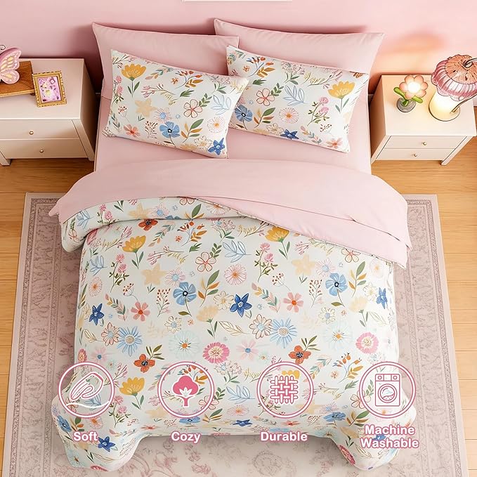 Twin Comforter Set for Girls Kids - 5 Pieces Pastel Garden Patterns Twin Bedding Sets for Girls Teen, Soft Cozy Bed in A Bag with Sheets