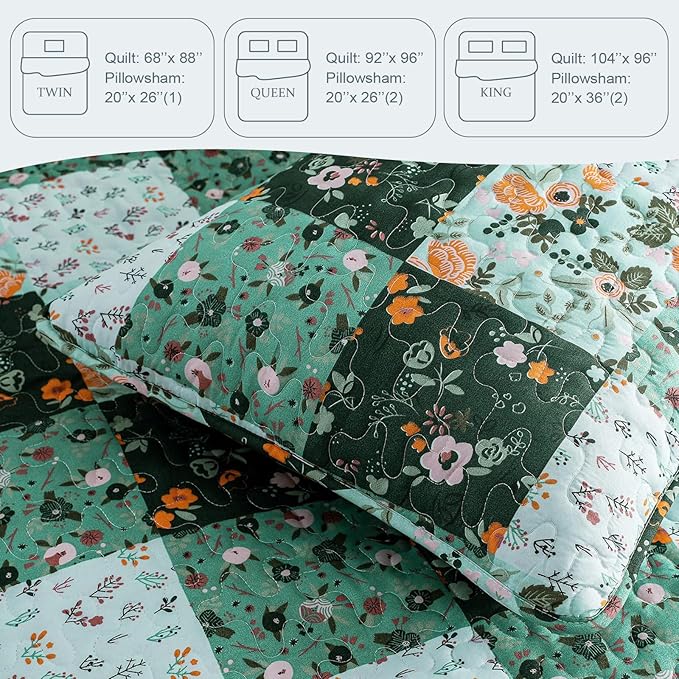 Exclusivo Mezcla Reversible Boho Quilts Queen Size, Green Bedspreads Lightweight Coverlet All Season Patchwork Quilt Bedding Set with Printed Floral Pattern (1 Quilt, 2 Pillow Shams)