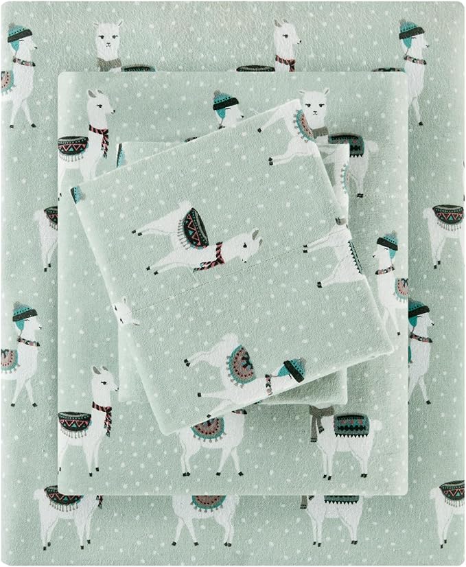 True North by Sleep Philosophy Cozy Flannel Warm 100% Cotton Sheet - Novelty Print Animals Stars Cute Ultra Soft Cold Weather Bedding Set, Full, Seafoam Llama 4 Piece