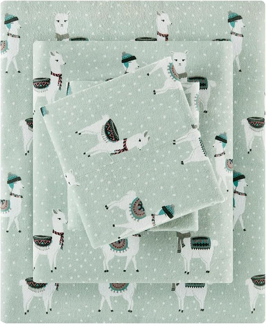 True North by Sleep Philosophy Cozy Flannel Warm 100% Cotton Sheet - Novelty Print Animals Stars Cute Ultra Soft Cold Weather Bedding Set, Twin, Seafoam Llama 3 Piece