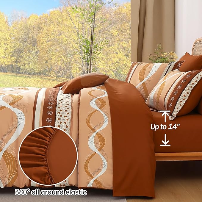 Anibedding Comforter Set Queen Size,8 Pieces Burnt Orange Bed in a Bag Patchwork Striped Bedding Sets,Boho Soft Microfiber Bedding Set for All Season(90"×90")