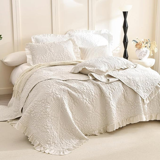 Lady Ann Cal King Size Wheat Quilt Set 118x106, Stone-Washed Bedspreads Sets for Bed, Lightweight & Ultra-Soft 3 PCS Quilted Blanket Crinkled Shabby and Chic Coverlet for All Season