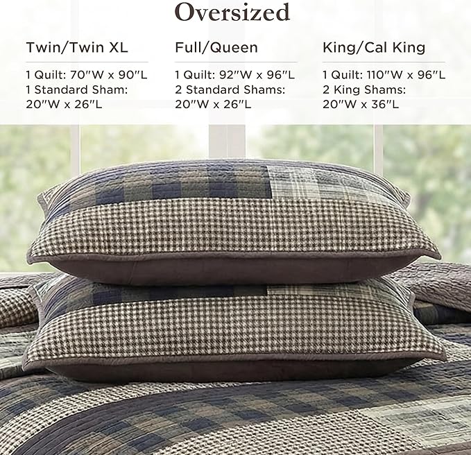 Woolrich Winter Plains Reversible Quilt Set - Cottage Styling Reversed to Solid Color, All Season Lightweight Coverlet, Cozy Bedding Layer, Matching Shams, Oversized Full/Queen, Stripes Taupe 3 Piece
