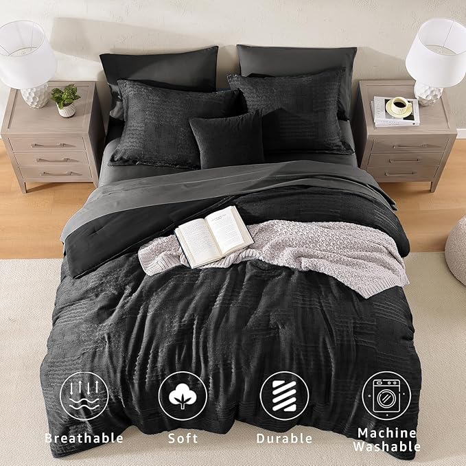 MaiRêve Full Size Comforter Sets Black, Textured Design Crinkle Bedding Sets 7 Pieces, All Season Bed in A Bag with Comforter, Sheets, Pillowcases & Shams