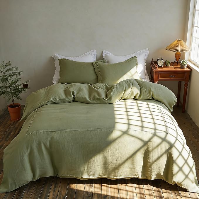 Simple&Opulence 100% Washed Linen Duvet Cover Set 78"x86" - 3 Pieces Soft Farmhouse Comforter Set Double Embroidered with Button Closure - 1 Duvet Cover and 2 Pillowshams (Sage Green, Full)