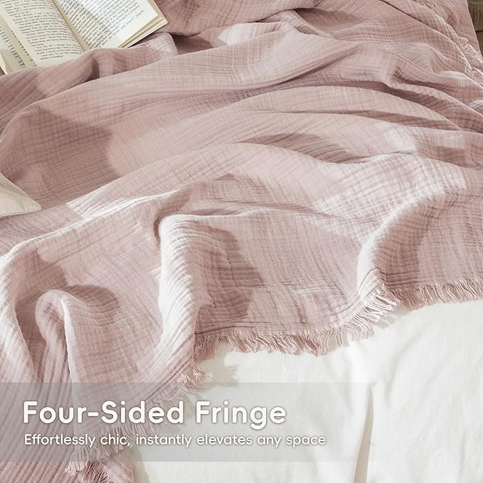 MooMee Muslin Blanket - 100% Cotton 4-Layer Gauze Throw Blanket with Tassels Ultra-Soft Breathable Lightweight Cooling for Bed Couch (Greyish Pink,Throw 60" x 50")