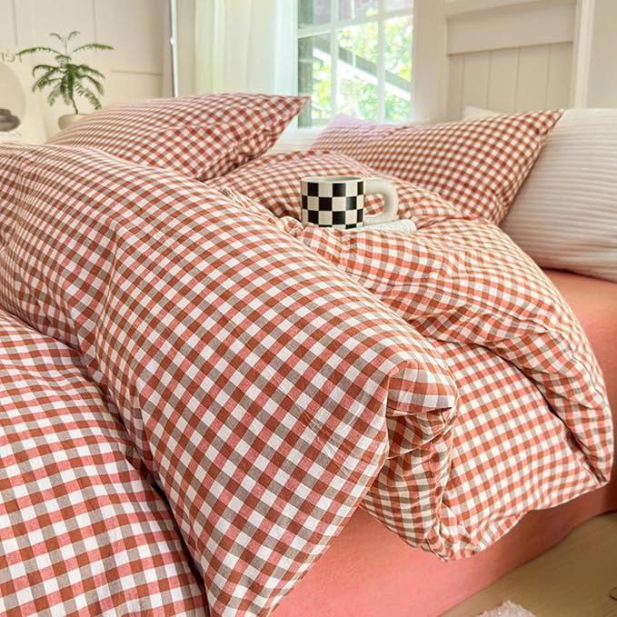 LifeTB Gingham Comforter Set Full Modern Style Red Orange Grid Plaid Comforter Soft Fluffy 3 Pieces Checkered Pattern Comforter Set Farmhouse Orange Gingham Bedding Comforter with 2 Pillowcases