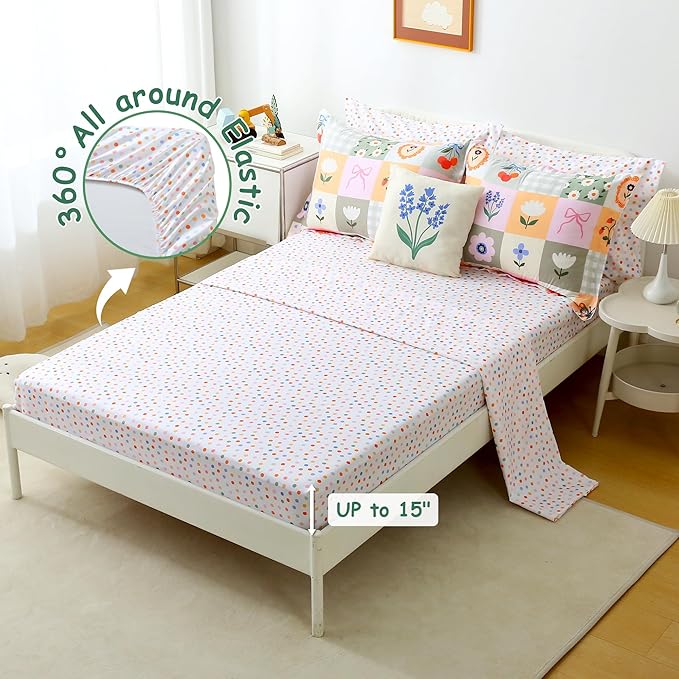 Mooreeke Kids Full Comforter Sets for Girls 8 Pieces Floral Butterfly Bedding Set for Teens Microfiber Splice Block Flower Kids Bed in A Bag with Comforter, Sheet Set, Shams and Decorative Toy Pillow