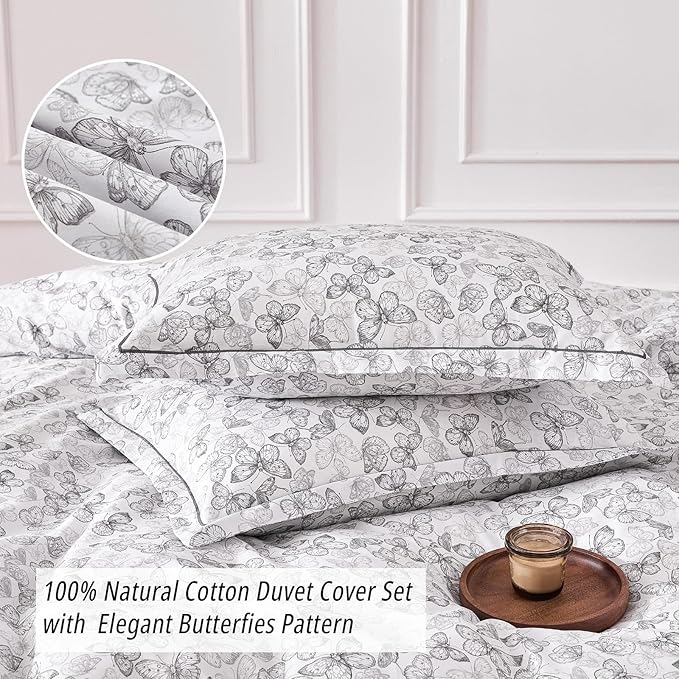 Vintage 100% Natural Cotton Duvet Cover Sets 3Pcs - Elegant Charcoal Gray Sketch Butterflies on White, Artistic Bedding Set with Button Closure(King,104"×90"