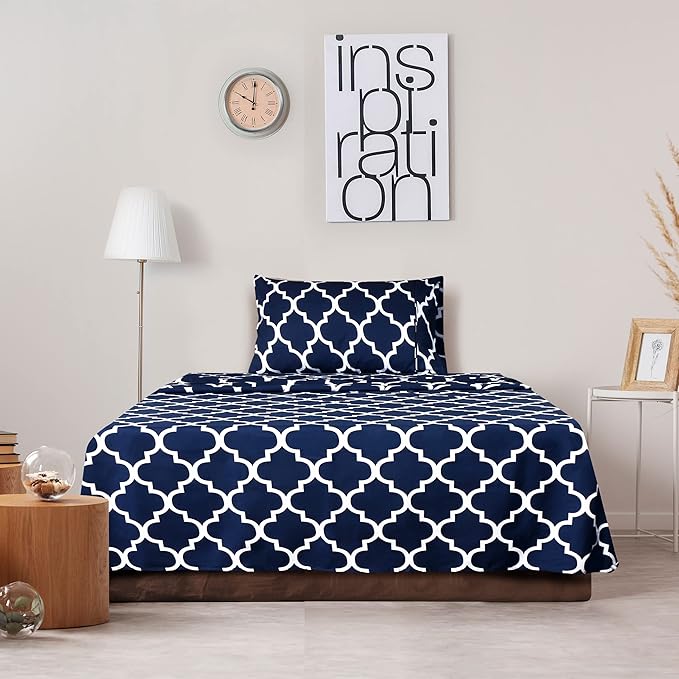 Utopia Bedding Twin XL Sheet Set, Soft Microfiber 3 Piece Bed Sheets with 15" Deep Pocket - Easy Care Brushed Microfiber (Quatrefoil - Navy)