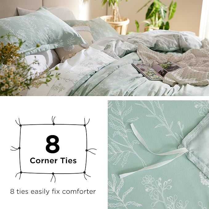 Bedsure Duvet Cover Queen Size - Reversible Green Queen Duvet Cover Set with Zipper Closure, 3 Pieces Floral Patterned Bedding Set with 8 Corner Ties and 2 Pillow Shams