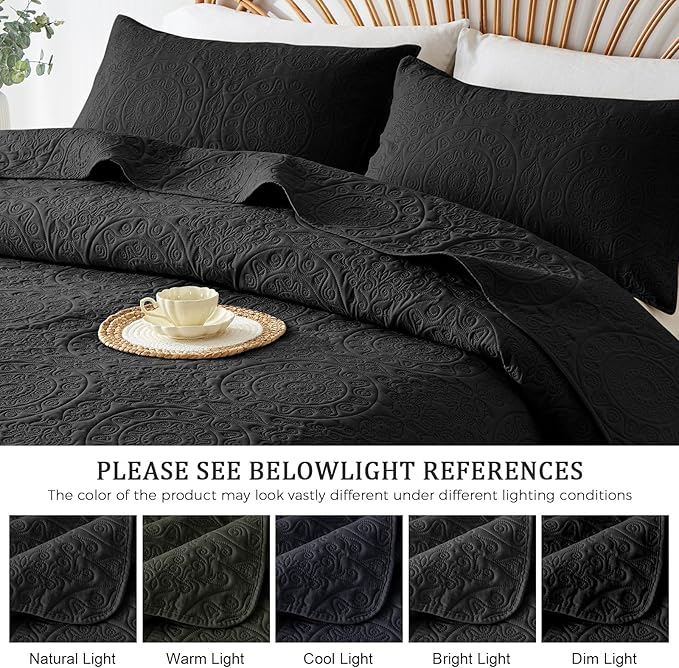 WURUIBO Black Quilt Set King/Cal King Size, Embossing Microfiber Bedspreads with Pillow Sham, Ligthweight Breathable Thin Coverlet, Reversible Bedding Set for All Season (1 Quilt, 2 Pillow Shams)