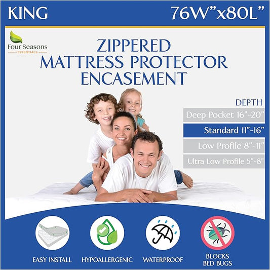 King Size Mattress Protector Bed Bug Waterproof Zippered Cover - Hypoallergenic Premium Quality Encasement Protects Against Liquids, Dust - Breathable, Noiseless White