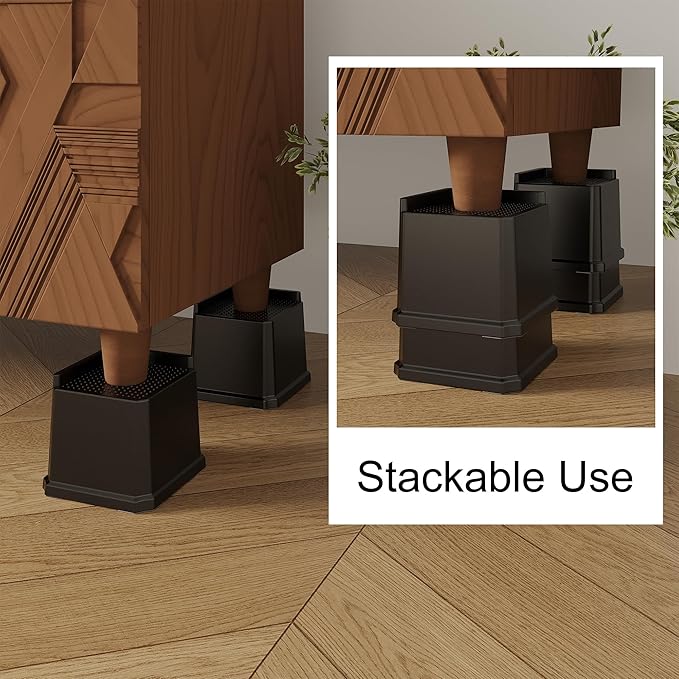 Bed Risers 4 Inch 8 Pack, Oversized L Shape Furniture Bed Lifts Risers 4 in Heavy Duty Wide Opening Elevators fits to Couch, Sofa, Bed Frame, Black