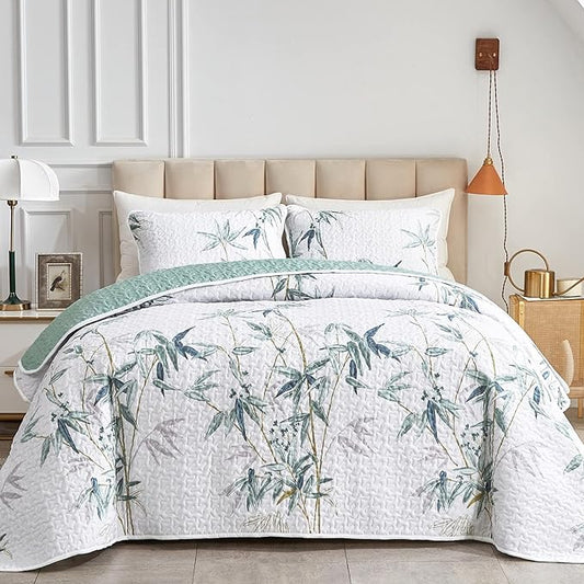 Botanical Quilt Set 3 Piece California King, Green Leaves Printed on White Reversible Bedspread Coverlet Set, Soft Microfiber Lightweight Bed Cover for All Season (102" x 114", 1 Quilt+ 2 Pillow Sham)