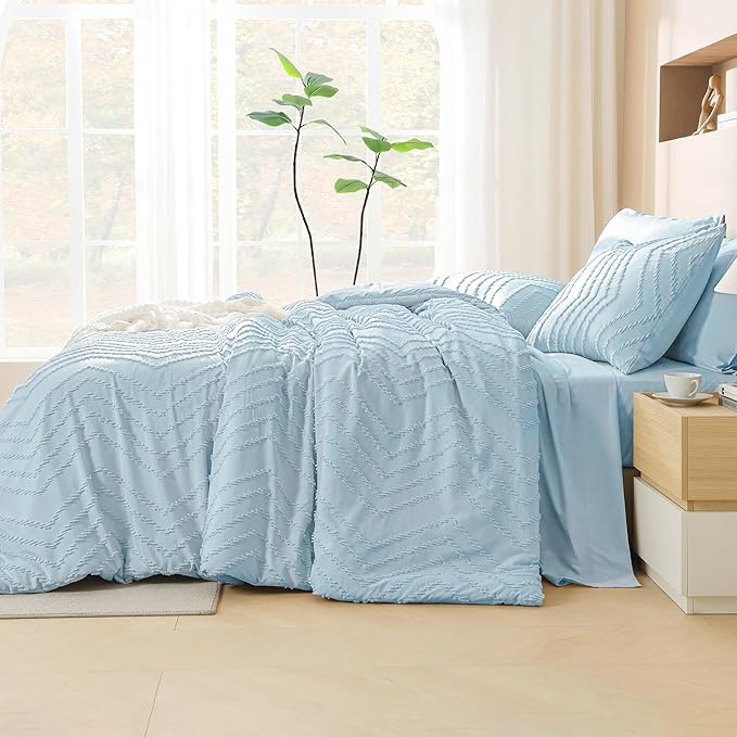 Litanika Light Blue King Size Comforter Set with Sheets - 7 Pieces Bed in a Bag King Boho Tufted Complete Bedding Sets with Comforter, Sheets, Pillowcases & Shams