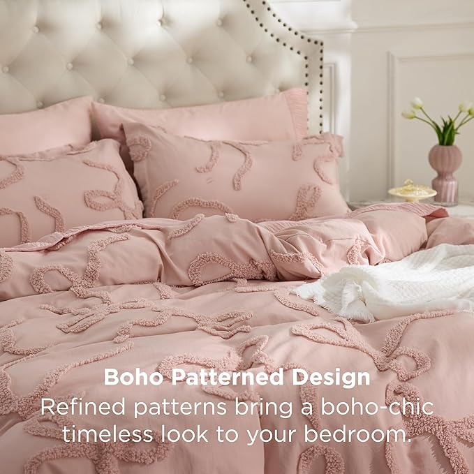 Bedsure Tufted Rose Pink Queen Size Comforter Sets, GentleSoft™ 3 Pieces Bow Cute Bedding Pink Room Decor, Gifts for Girls Teens Women, All Seasons, 1 Bed Comforter, 2 Pillow Shams, 90x90 Inches