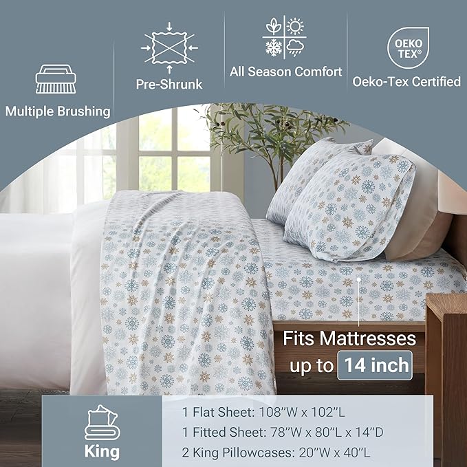 True North by Sleep Philosophy Cozy Flannel Warm 100% Cotton Sheet - Novelty Print Animals Stars Cute Ultra Soft Cold Weather Bedding Set, King, Tan/Blue Snowflakes 4 Piece