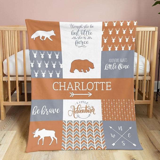 Customzed Baby Blanket for Girls Super Soft Double Layer with Dotted Backing, Monogrammed Receiving Blanket with Cute Woodland Multicolor Printed Blanket Burnt Orange 40 x 50 Inch