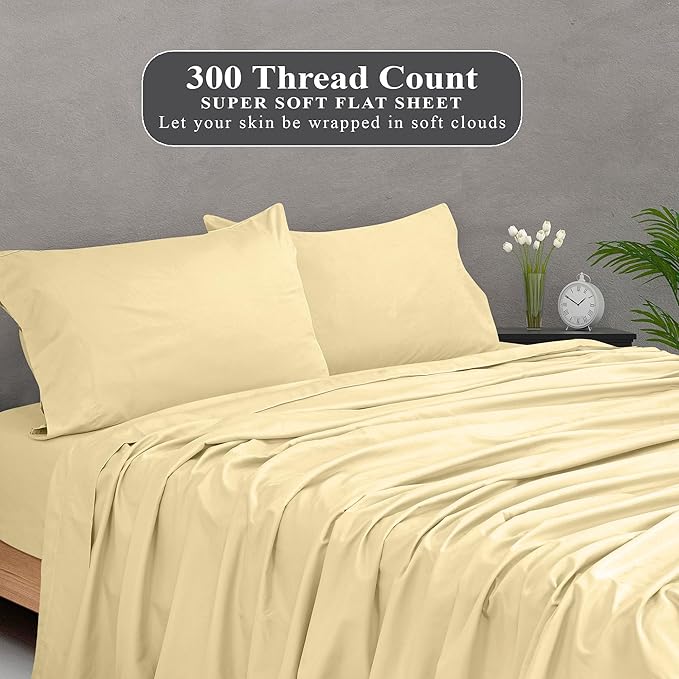 Royale Linens 300 Thread Count 100% Long Staple Combed Cotton Flat Sheet - Super Soft - Top Sheets - Full Flat Sheet Sold Separately - Breathable, Cool & Crisp Percale Sheets Only (Full, Light Yellow)